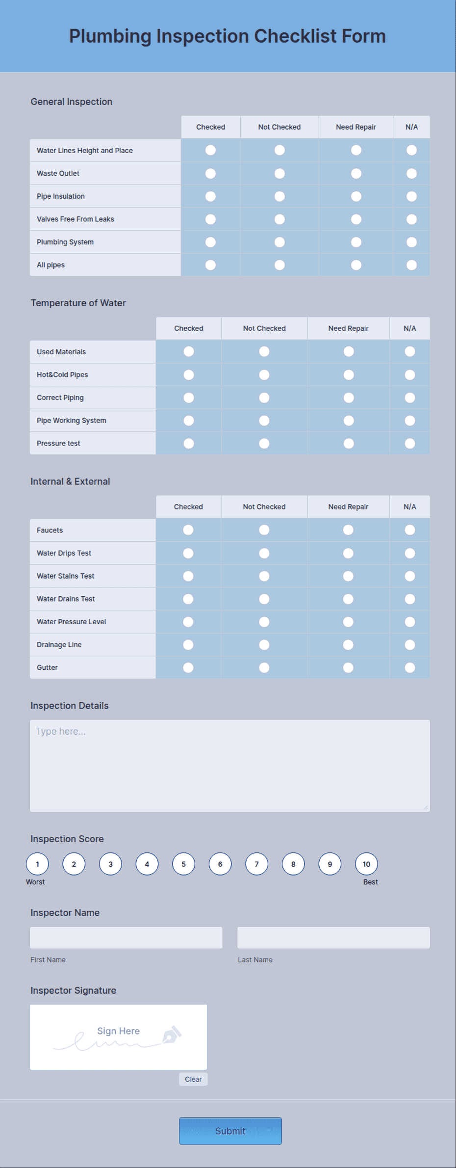 Plumbing Inspection Checklist Form Template Jotform