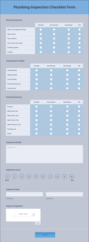 Plumbing Inspection Checklist Form Template