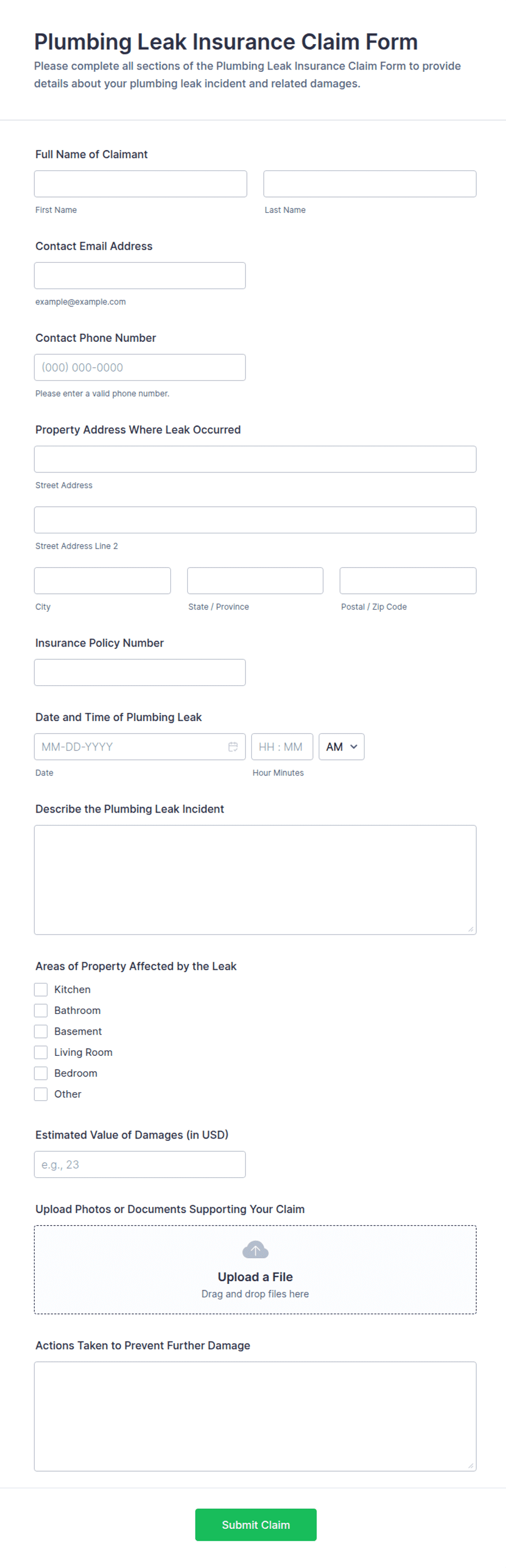 Plumbing Leak Insurance Claim Form Template | Jotform
