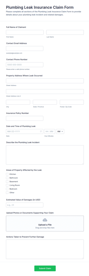 Plumbing Leak Insurance Claim Form Template