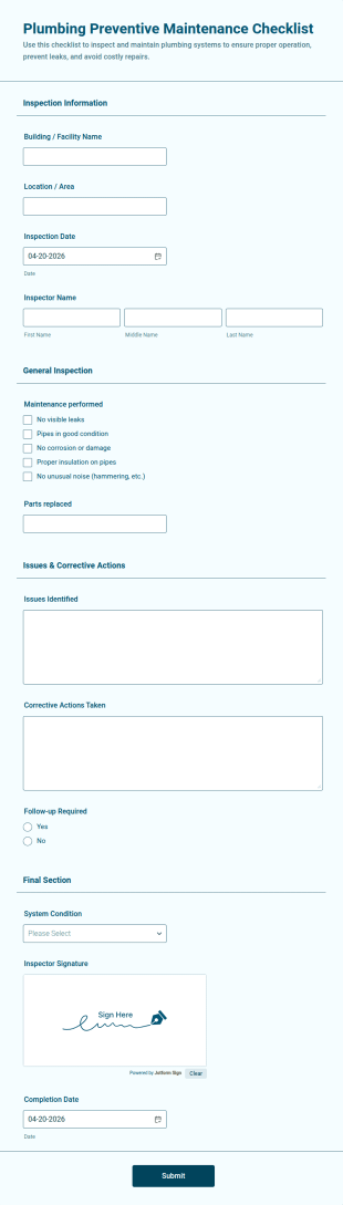 Plumbing Preventive Maintenance Checklist Form Template