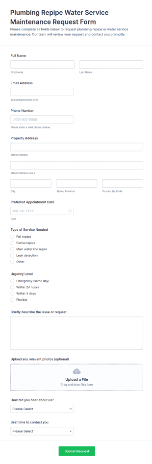Plumbing Repipe Water Service Maintenance Request Form Template