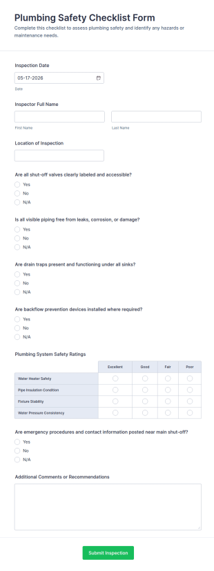 Plumbing Safety Checklist Form Template