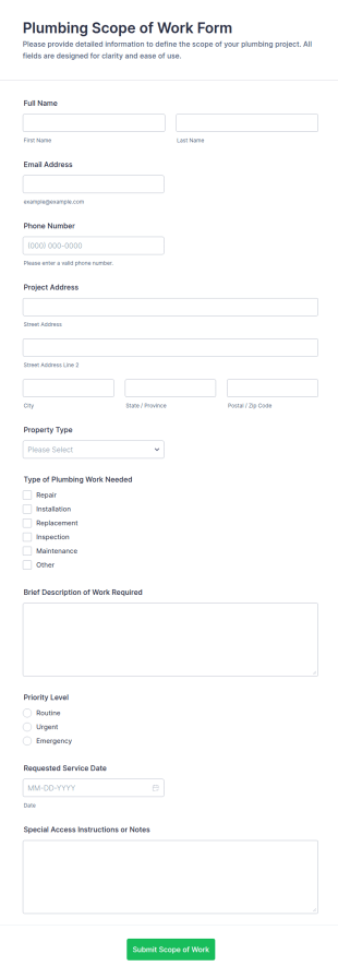Plumbing Scope Of Work Form Template