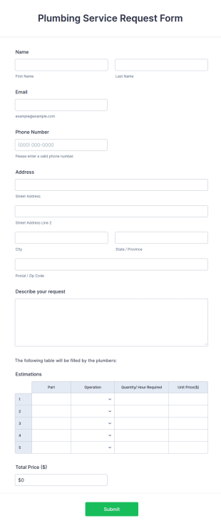 Plumbing Service Request Form Template