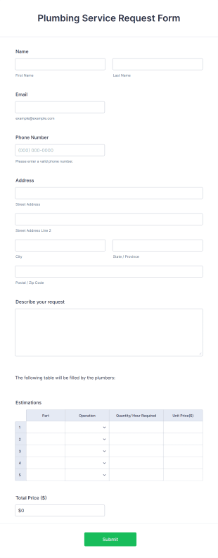 Plumbing Service Request Form Template