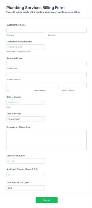 Plumbing Services Billing Form Template