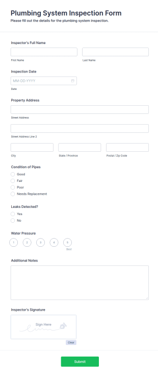 Plumbing System Inspection Form Template