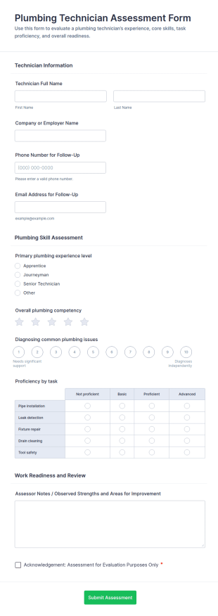 Plumbing Technician Assessment Form Template