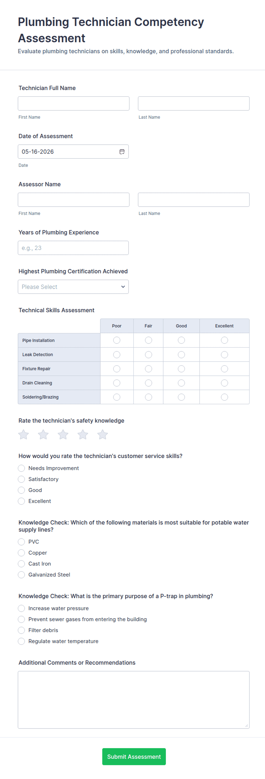 Pipe Laborer Competency Form Plumbing Technician Competency Assessment Form Template | Jotform