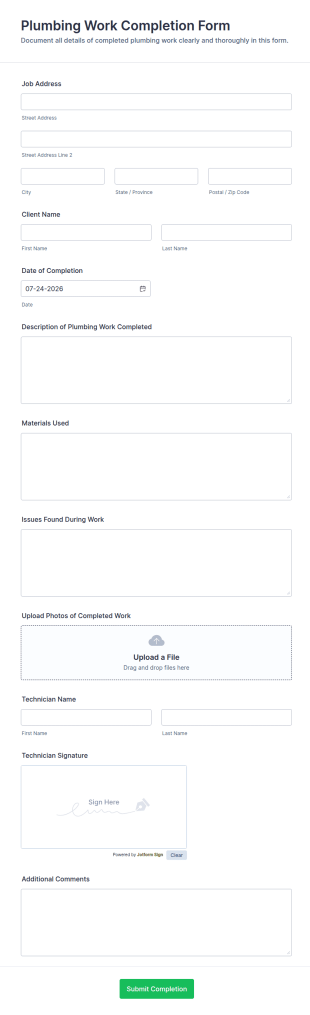 Plumbing Work Completion Form Template