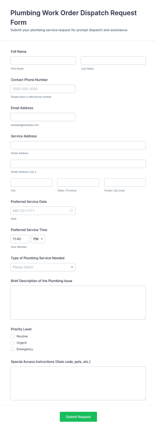 Plumbing Work Order Dispatch Request Form Template