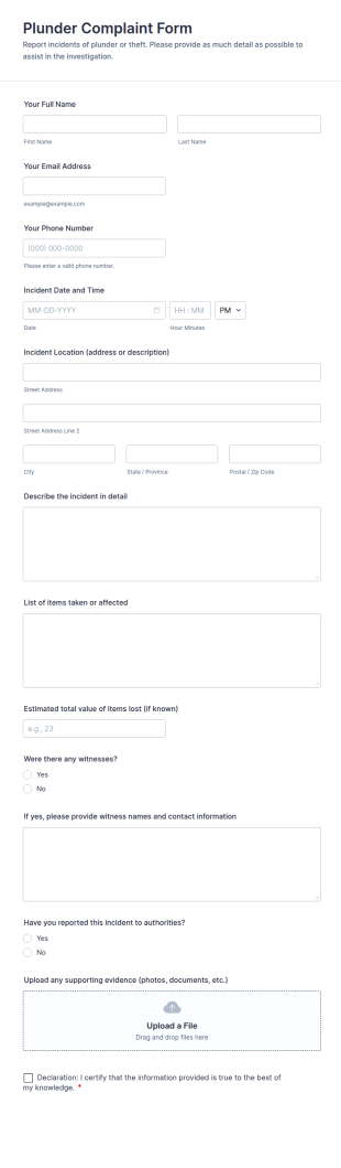 Plunder Complaint Form Template