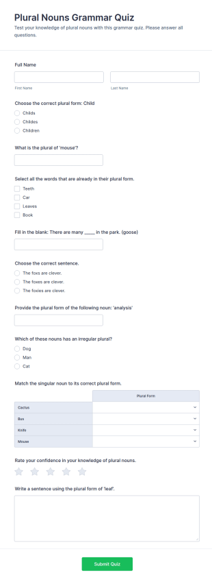 Plural Nouns Grammar Quiz Form Template