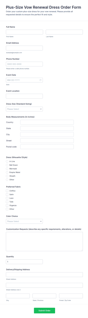 Plus Size Vow Renewal Dress Order Form Template