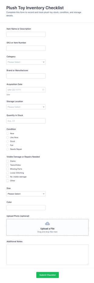 Plush Toy Inventory Checklist Form Template