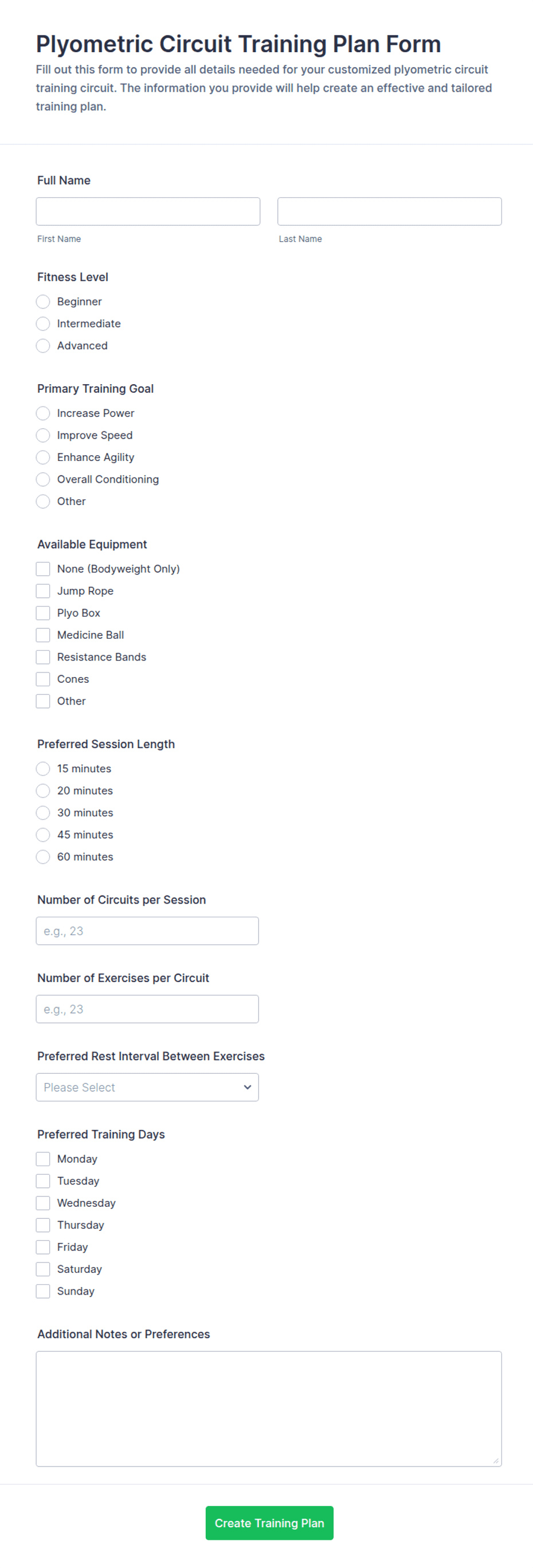 Plyometric Circuit Training Plan Form Template | Jotform