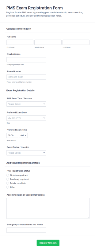 PMS Exam Registration Form Template