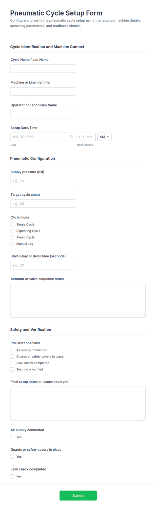 Pneumatic Cycle Setup Form Template