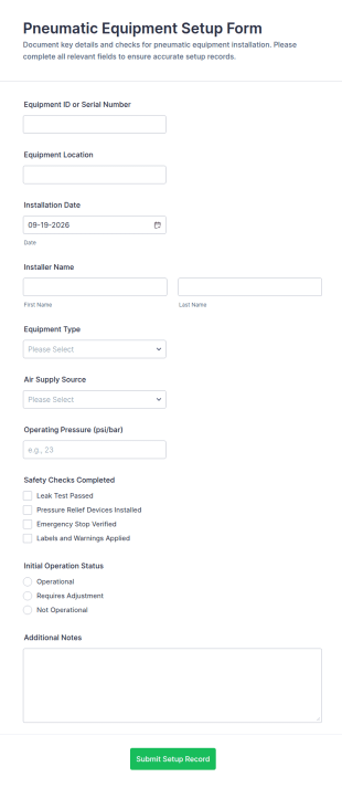 Pneumatic Equipment Setup Form Template