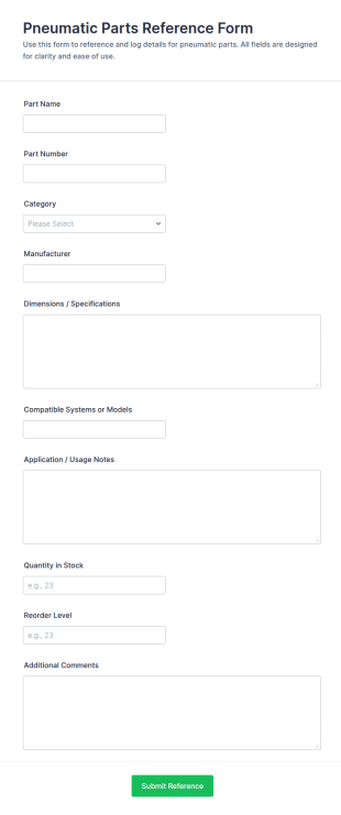 Pneumatic Parts Reference Form Template