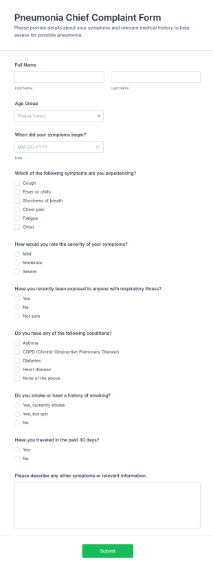 Pneumonia Chief Complaint Form Template