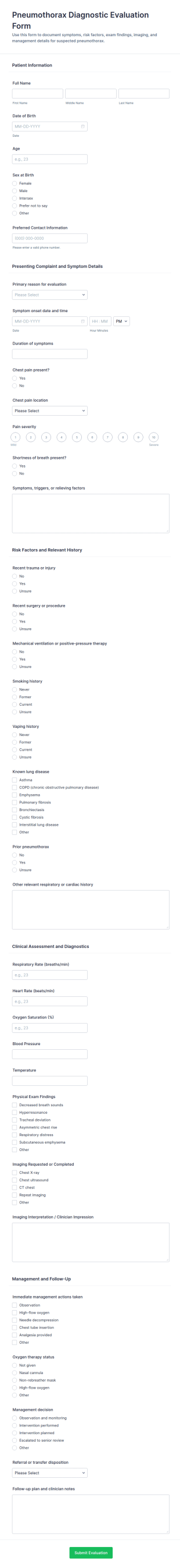 Pneumothorax Diagnostic Evaluation Form Template