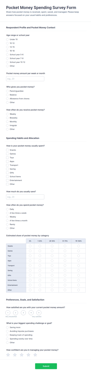 Pocket Money Spending Survey Form Template
