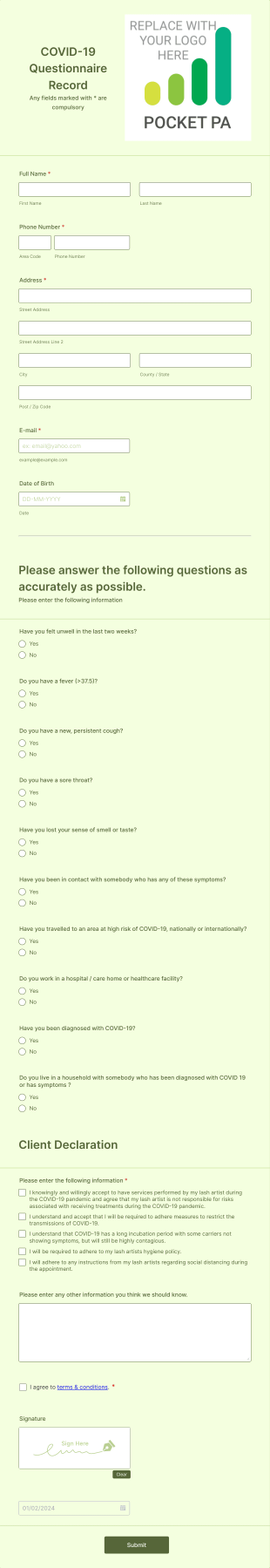 POCKET PA EXAMPLE Covid 19 Salon Questionnaire Form Template