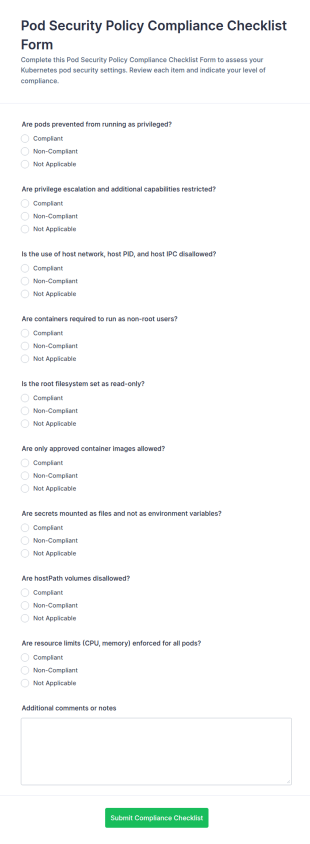 Pod Security Policy Compliance Checklist Form Template