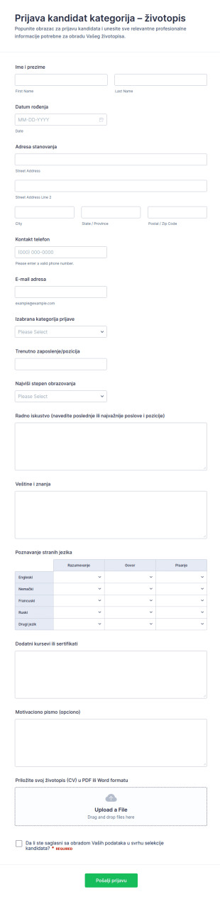 Podaci Za životopis Form