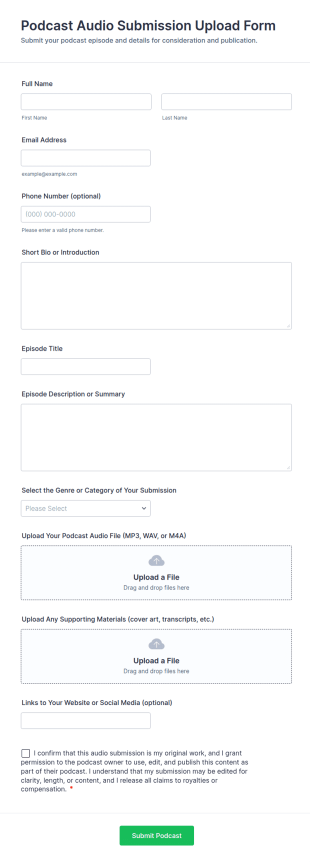 Podcast Audio Submission Upload Form Template