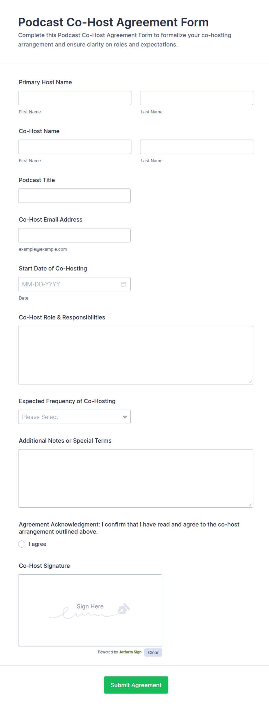 Contract Form Template.pdf Podcast Co-Host Agreement Form Template | Jotform