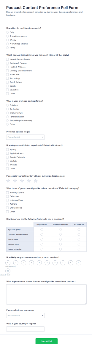Podcast Content Preference Poll Form Template
