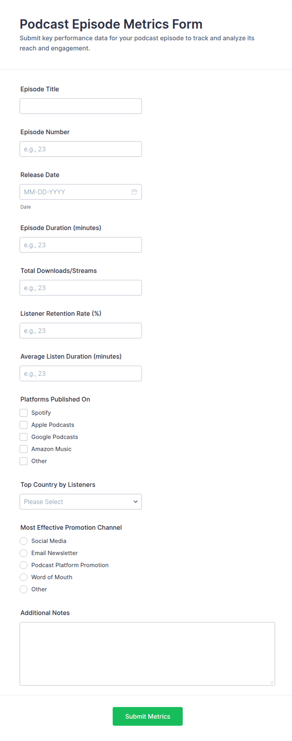 Podcast Episode Metrics Form Template | Jotform