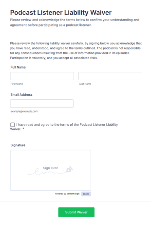 Podcast Listener Liability Waiver Form Template