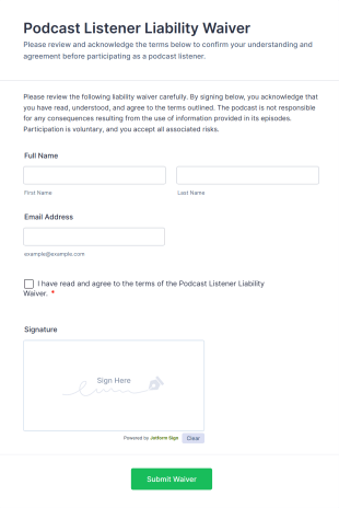 Podcast Listener Liability Waiver Form Template