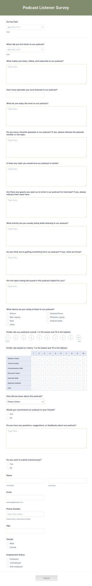 Podcast Listener Survey Form Template