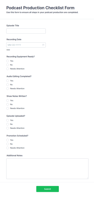 Podcast Production Checklist Form Template