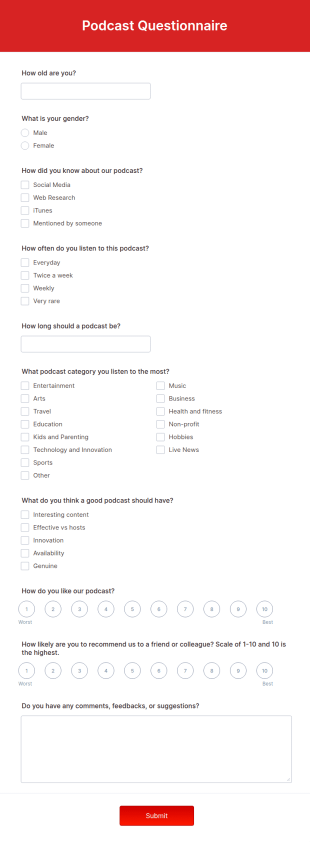 Podcast Questionnaire Form Template