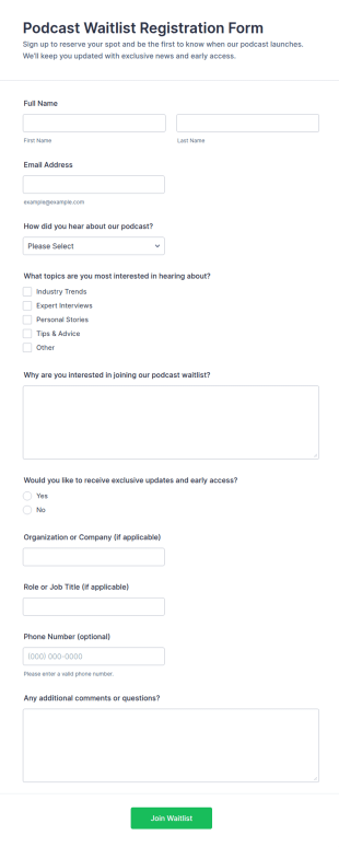 Podcast Waitlist Registration Form Template