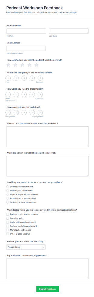 Podcast Workshop Feedback Form Template