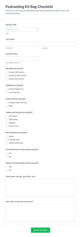 Podcasting Kit Bag Checklist Form Template