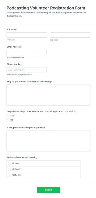 Podcasting Volunteer Registration Form Template