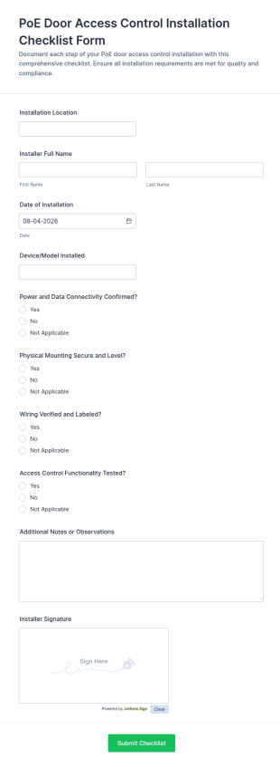 PoE Door Access Control Installation Checklist Form Template