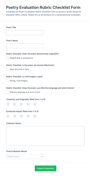 Poetry Evaluation Rubric Checklist Form Template