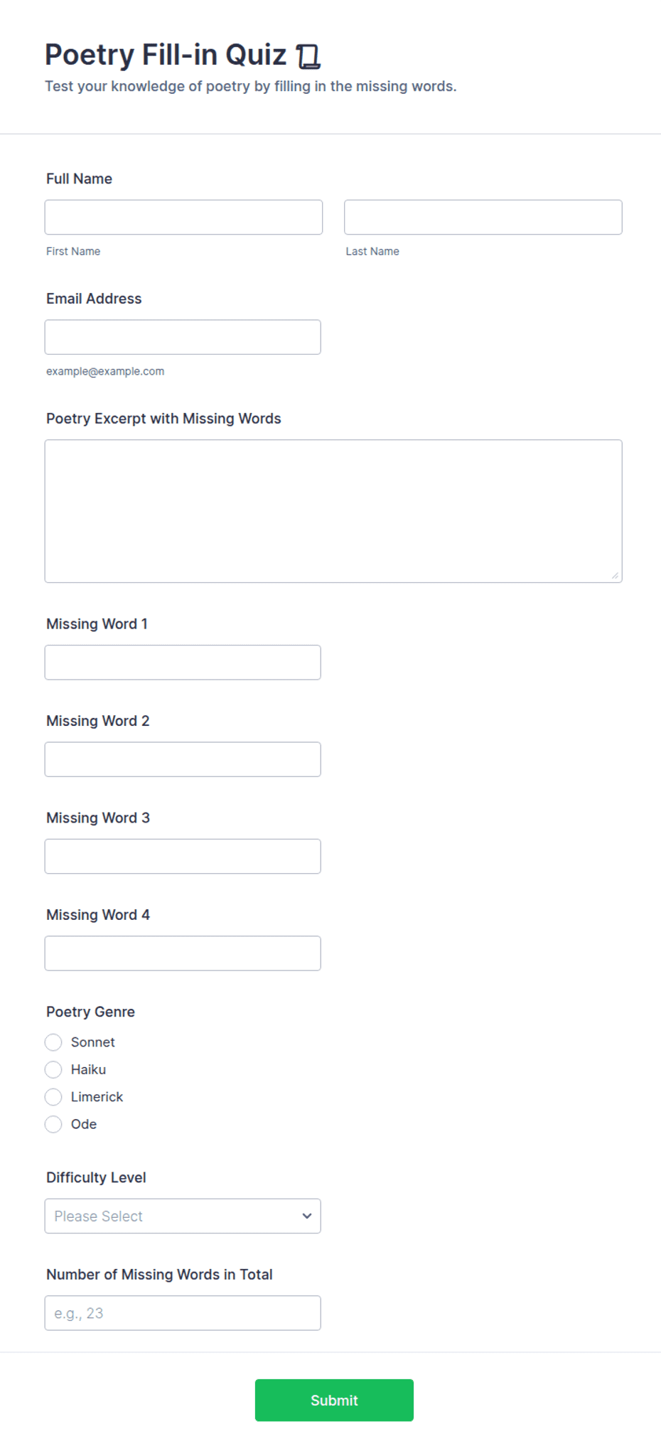 Poetry Fill-in Quiz 📜 Form Template | Jotform