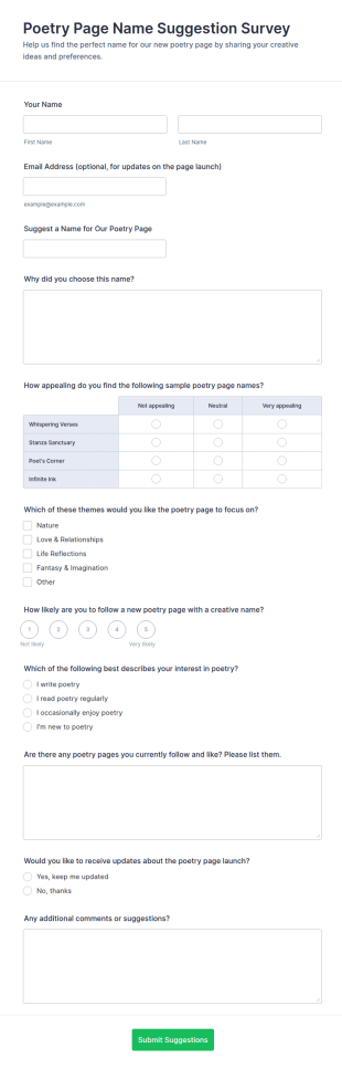 Poetry Page Name Suggestion Survey Form Template