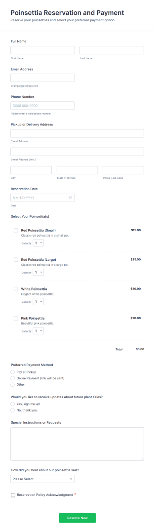 Poinsettia Reservation And Payment Form Template