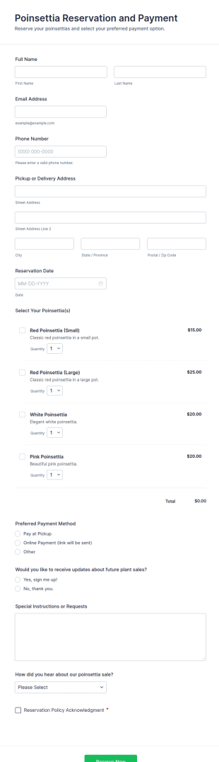 Poinsettia Reservation And Payment Form Template